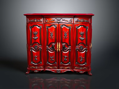 Traditional Red Four Door Carved Cabinet With Intricate Floral Designs And Brass Handles 3d model