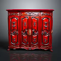 Traditional Red Four Door Carved Cabinet With Intricate Floral Designs And Brass Handles