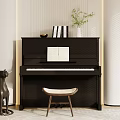 Elegant Black Piano Musical Instrument Interior With Music Sheet Wooden Stool And Cat Sculpture