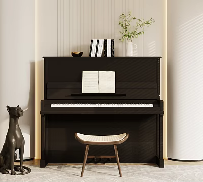 Elegant Black Piano Musical Instrument Interior With Music Sheet Wooden Stool And Cat Sculpture 3d model