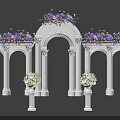 White Wedding Arch With Purple Pink Flower Arrangements And Decorative Pillars