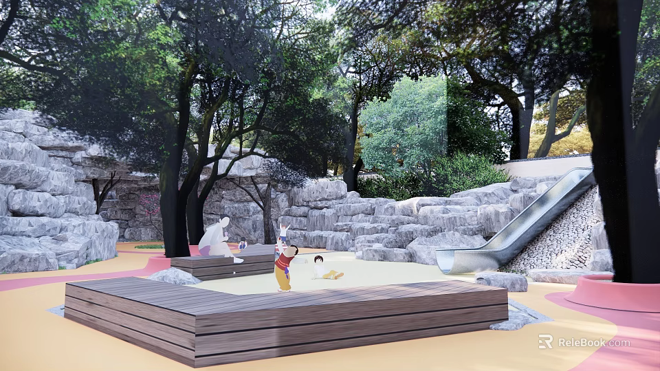 Wooden Stepping Stones In Natural Outdoor Kids Playground With Trees Rocks And Slide 3d model 