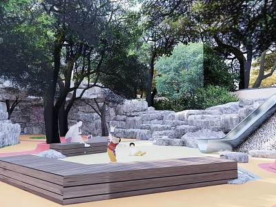 Wooden Stepping Stones In Natural Outdoor Kids Playground With Trees Rocks And Slide 3d model