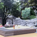 Wooden Stepping Stones In Natural Outdoor Kids Playground With Trees Rocks And Slide