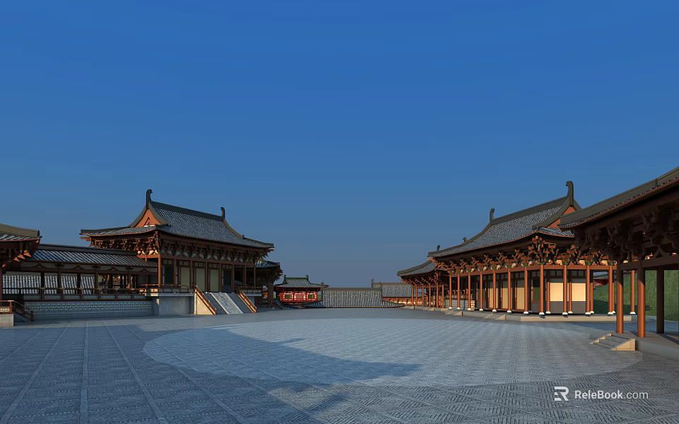 Traditional Ancient Chinese Architecture With Wooden Structure Courtyard And Stone Pavement Under Blue Sky 3d model 
