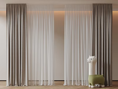 Grey Curtains And White Sheer Curtains In Modern Interior With Green Llama Toy 3d model