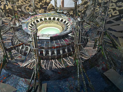 Intricate Ancient Circular Architecture With Archways And Support Frames On Textured Stone Ground 3d model