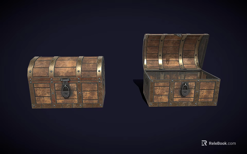 Vintage Wooden Chests Open and Closed With Metal Fittings and Classic Wood Grain 3d model 