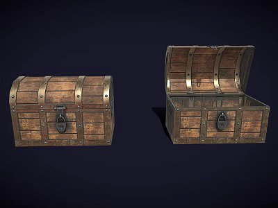 Vintage Wooden Chests Open and Closed With Metal Fittings and Classic Wood Grain 3d model