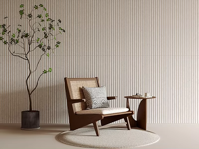 Leisure Chair With Wooden Frame Rattan Backrest Gray Cushion Round Rug And Green Plant 3d model
