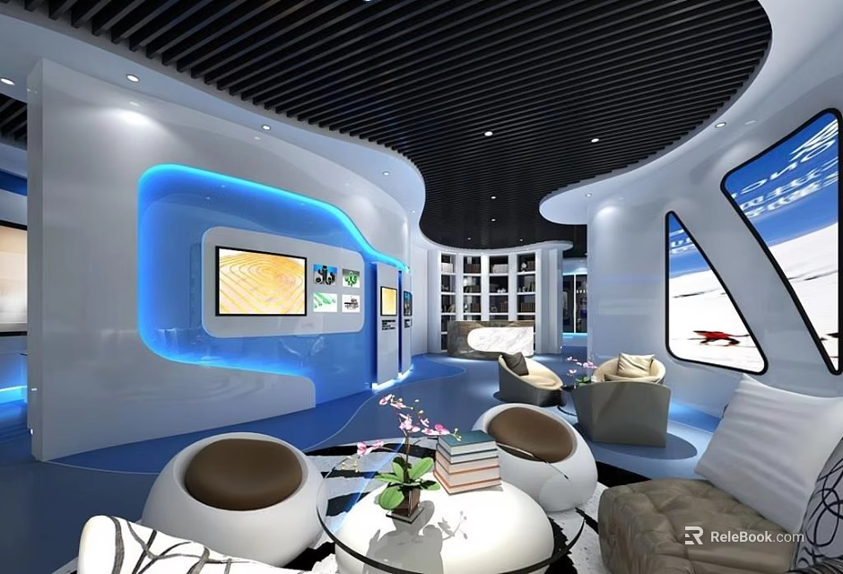 Modern Futuristic Interior Featuring Blue Lighting Curved Design Round Sofas And Display Screen 3d model 