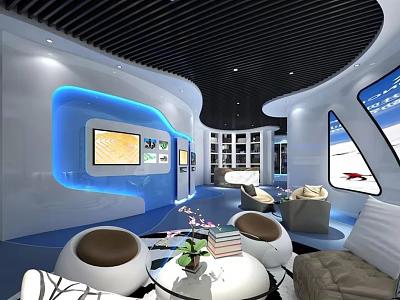Modern Futuristic Interior Featuring Blue Lighting Curved Design Round Sofas And Display Screen 3d model