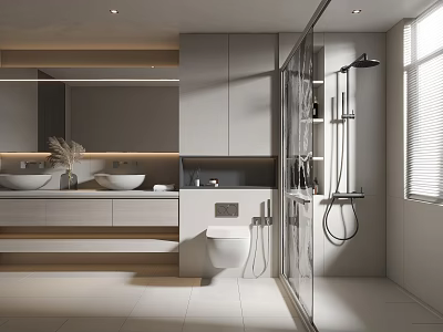 Modern Bathroom Interior Design With Double Sinks Large Mirror Gray Cabinets And Glass Shower Partition 3d model