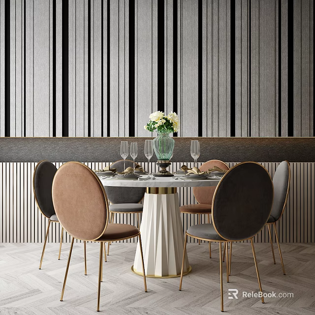 Stylish Round Dining Table Set With Beige Gray Velvet Chairs Gold Legs And Striped Wall 3d model 
