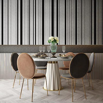 Stylish Round Dining Table Set With Beige Gray Velvet Chairs Gold Legs And Striped Wall 3d model