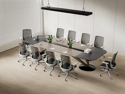 Modern Conference Table With Oval Wooden Top Ten Ergonomic Chairs And Hanging Pendant Light 3d model