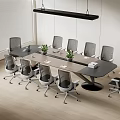 Modern Conference Table With Oval Wooden Top Ten Ergonomic Chairs And Hanging Pendant Light