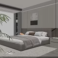 Modern Minimalist Bedroom Interior With Upholstered Headboard Nightstand Decorative Painting Window And Area Rug