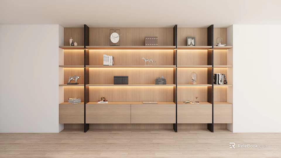 Modern Wooden Storage Shelf With LED Lights And Decorative Items Display Organized 3d model 