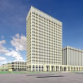 Contemporary Industrial Warehouse Featuring Glass Facade Plaza Area And Pedestrians Near Tall Buildings