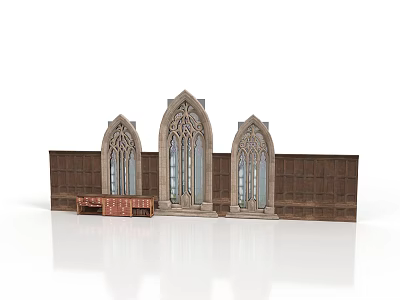 Three Gothic Arched Windows With Wooden Bookshelves And Wall Panel 3d model