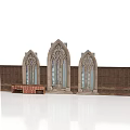 Three Gothic Arched Windows With Wooden Bookshelves And Wall Panel
