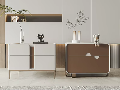 Modern Bedside Tables With White and Brown Design Drawers and Decorative Plants 3d model