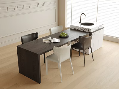 Dark Wooden Dining Table With White And Black Chairs Fresh Fruits In Modern Interior 3d model