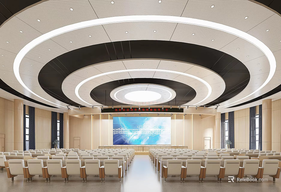 Modern Spacious Conference Room Interior With Circular Ceiling Lights And Neatly Arranged Seats 3d model 