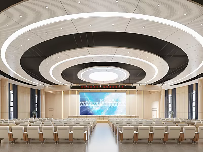 Modern Spacious Conference Room Interior With Circular Ceiling Lights And Neatly Arranged Seats 3d model