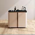 Modern Beige And Black Tea Table With Cabinet Doors And Tea Sets On Top