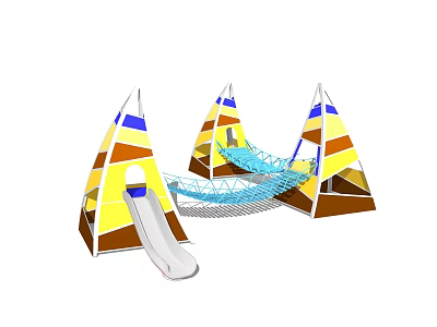 Colorful Yellow Blue Brown Teepee Shaped Playground Equipment With Slide And Net Bridges 3d model