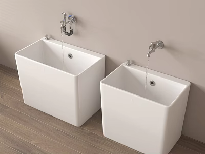 Wall Mounted White Square Washbasins With Silver Faucets On Light Colored Wall And Wooden Floor 3d model
