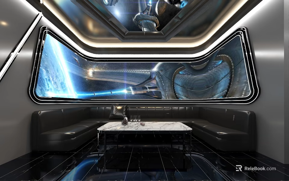 Futuristic Bar Interior Design with Space View Large Windows Black Sofas and Modern Lighting 3d model