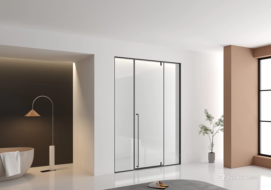 Modern Bathroom Interior With Glass Shower Door Freestanding Bathtub Floor Lamp And Potted Plant 3d model 