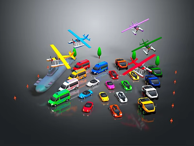 Colorful Toy Cars Display With Toy Planes Trees And Traffic Cones 3d model