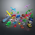 Colorful Toy Cars Display With Toy Planes Trees And Traffic Cones