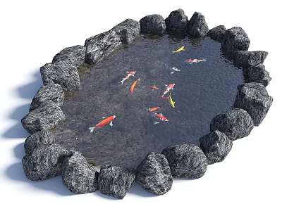 Beautiful Stone Enclosed Pond With Colorful Koi Fish Swimming In Water 3d model