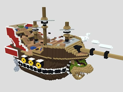 Block Built Pirate Ship Model With Dragon Head Masts Brown Hull And Red Accents 3d model