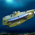 Yellow Submarine Underwater Exploration Vehicle In Deep Blue Ocean With Coral Reef