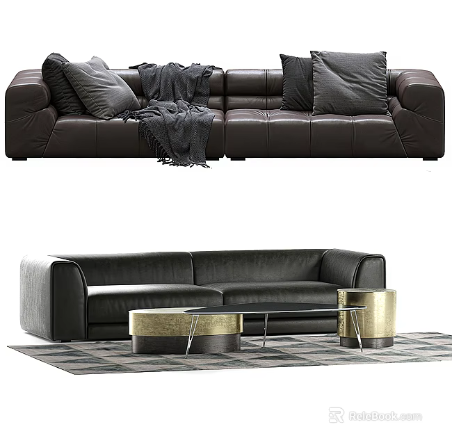 Black Leather Sectional Sofa With Pillows Throw Blanket And Side Tables On Rug 3d model 