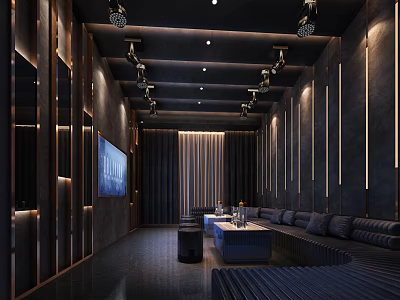 Modern KTV Room Interior Featuring Ambient Lighting Large Screen TV Comfortable Sofa And Dark Decorative Panels 3d model