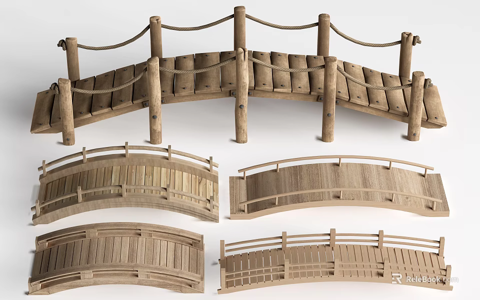 Wooden Arched Landscape Bridge With Railings And Natural Design Details 3d model 
