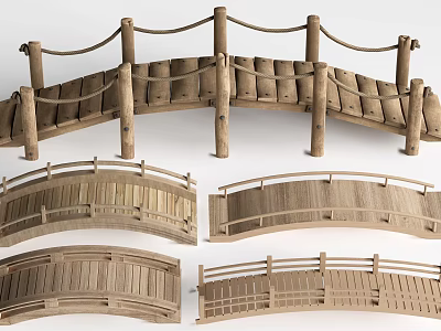 Wooden Arched Landscape Bridge With Railings And Natural Design Details 3d model