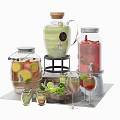 Fresh Fruit Infused Drinks in Glass Jars and Pitcher with Lemon Strawberry Slices and Glasses