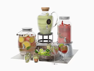 Fresh Fruit Infused Drinks in Glass Jars and Pitcher with Lemon Strawberry Slices and Glasses 3d model