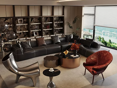 Modern Black Leather Sofa Coffee Table Set With Round Tables Red Accent Chair Bookshelf Backdrop 3d model