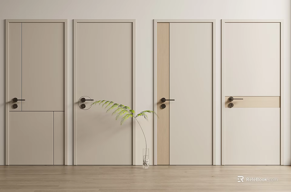 Modern Neutral Colored Hinged Doors With Minimalist Design Wooden Floor And Green Plant 3d model 