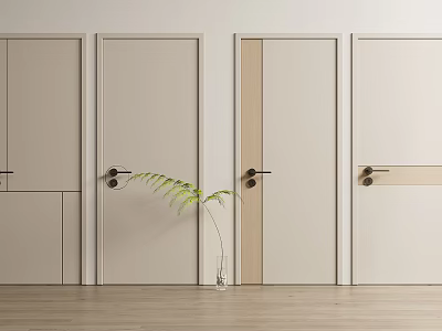 Modern Neutral Colored Hinged Doors With Minimalist Design Wooden Floor And Green Plant 3d model