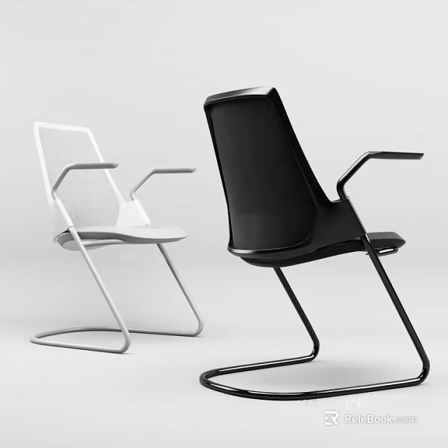 Black and White Office Chairs With Modern Design Ergonomic Armrests Curved Metal Frame 3d model 